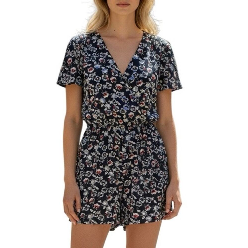NWT Lane Bryant Floral Romper 14/16 Plus Size Navy Blue Pansy Faux Wrap Chiffon